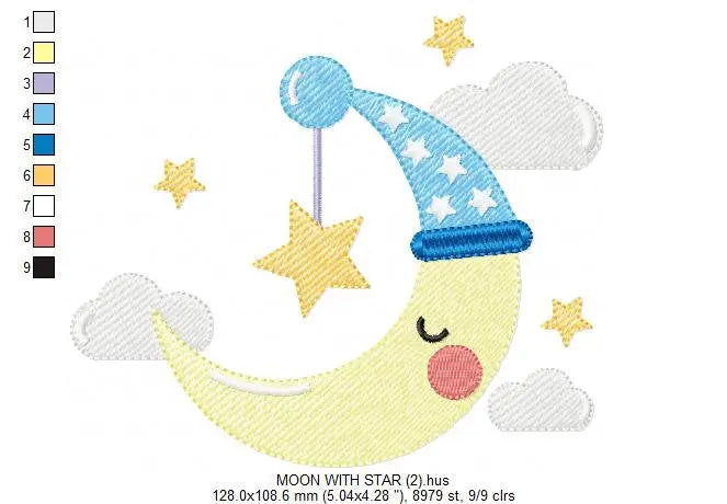 Sleeping moon embroidery design - half moon embroidery design machine embroidery pattern - baby embroidery file - kid embroidery moon sky Marcia Embroidery
