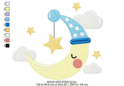 Sleeping moon embroidery design - half moon embroidery design machine embroidery pattern - baby embroidery file - kid embroidery moon sky Marcia Embroidery