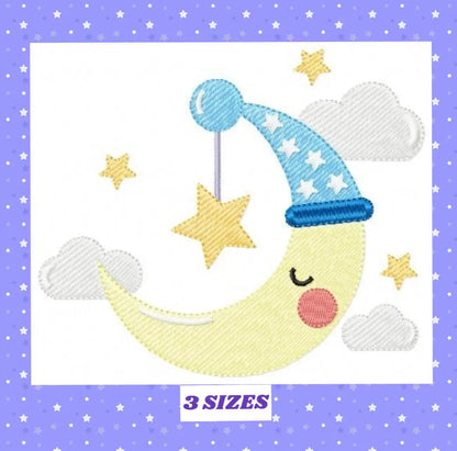 Sleeping moon embroidery design - half moon embroidery design machine embroidery pattern - baby embroidery file - kid embroidery moon sky Marcia Embroidery