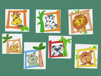 Safari animal frame embroidery design - Giraffe Zebra Hippo Panda Lion Monkey Tiger machine embroidery pattern - Instant download pes jef