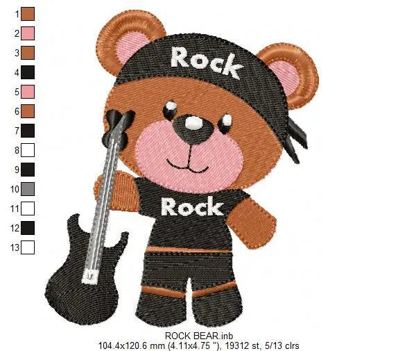 Rock Bear embroidery designs - Rock embroidery design machine embroidery pattern - bear design - Teddy embroidery guitar rock band design Marcia Embroidery
