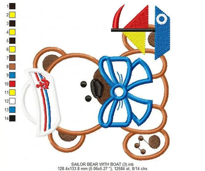 Sailor Bear embroidery designs - Nautical Teddy with boat machine embroidery pattern - Bear applique design - Instant download pes jef dst Marcia Embroidery