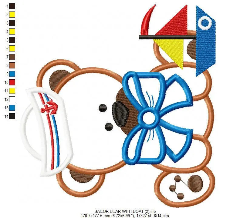 Sailor Bear embroidery designs - Nautical Teddy with boat machine embroidery pattern - Bear applique design - Instant download pes jef dst Marcia Embroidery