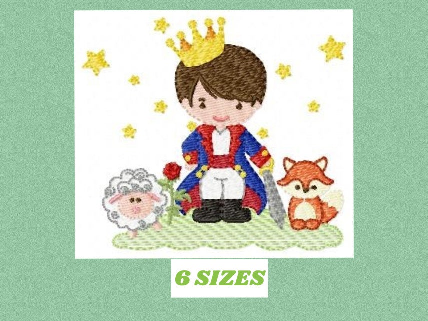Little Prince embroidery designs - King with crown and animals machine embroidery pattern - Baby boy file fairytale - Instant download pes