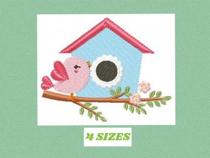 Bird embroidery designs - Birdhouse with flowers machine embroidery pattern - Kitchen Tea Towel file - Instant download pes jef dst vp3 hus