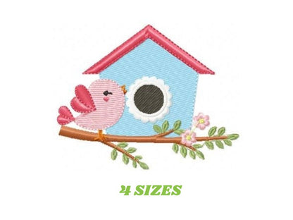 Bird embroidery designs - Birdhouse with flowers machine embroidery pattern - Kitchen Tea Towel file - Instant download pes jef dst vp3 hus
