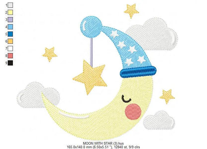 Sleeping moon embroidery design - half moon embroidery design machine embroidery pattern - baby embroidery file - kid embroidery moon sky Marcia Embroidery