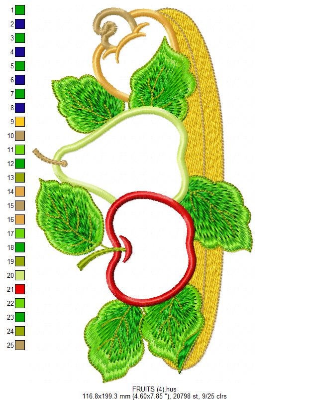 Fruit Basket embroidery designs - Kitchen Towel machine embroidery pattern - Fruit applique file - Apple Pear and Cashew - Instant download