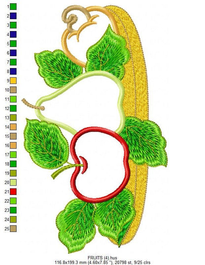Fruit Basket embroidery designs - Kitchen Towel machine embroidery pattern - Fruit applique file - Apple Pear and Cashew - Instant download