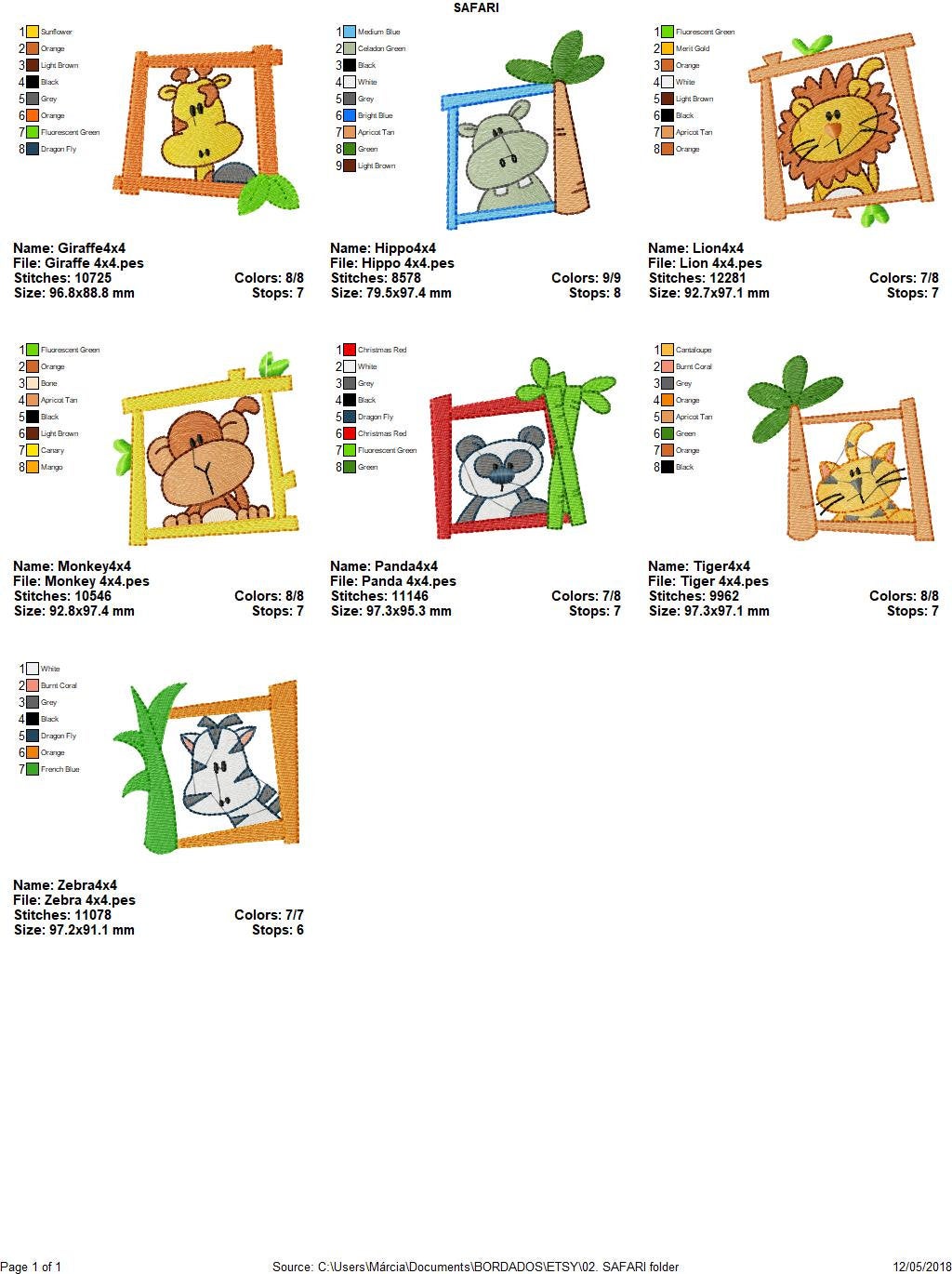 Safari animal frame embroidery design - Giraffe Zebra Hippo Panda Lion Monkey Tiger machine embroidery pattern - Instant download pes jef