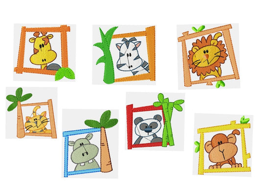 Safari animal frame embroidery design - Giraffe Zebra Hippo Panda Lion Monkey Tiger machine embroidery pattern - Instant download pes jef