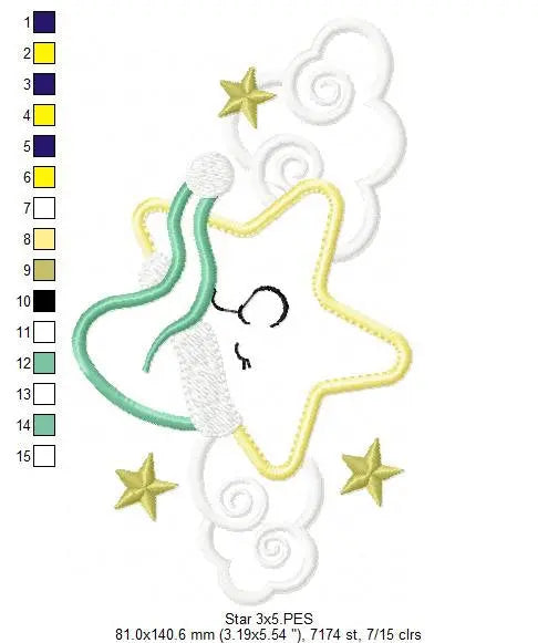 Star with cloud embroidery designs - Sleeping Star embroidery design machine embroidery pattern - Star applique design - kid embroidery file Marcia Embroidery