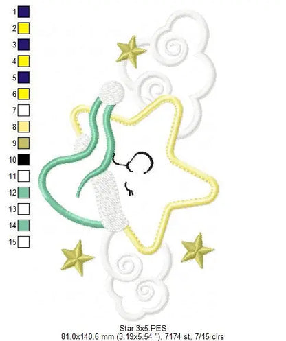Star with cloud embroidery designs - Sleeping Star embroidery design machine embroidery pattern - Star applique design - kid embroidery file Marcia Embroidery