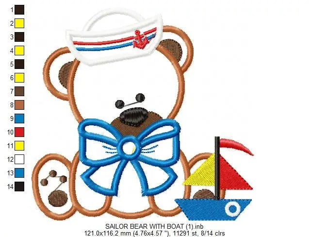 Sailor Bear embroidery designs - Nautical Teddy with boat machine embroidery pattern - Bear applique design - Instant download pes jef dst Marcia Embroidery