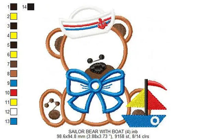 Sailor Bear embroidery designs - Nautical Teddy with boat machine embroidery pattern - Bear applique design - Instant download pes jef dst Marcia Embroidery