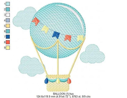 Balloon embroidery designs - Hot air balloon embroidery design machine embroidery pattern - Sky clouds embroidery file - instant download Marcia Embroidery