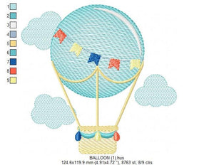 Balloon embroidery designs - Hot air balloon embroidery design machine embroidery pattern - Sky clouds embroidery file - instant download