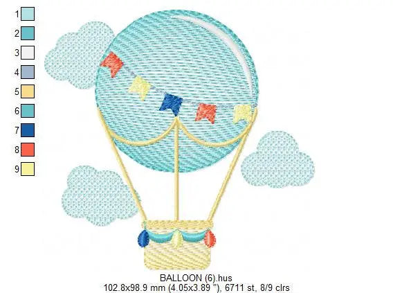 Balloon embroidery designs - Hot air balloon embroidery design machine embroidery pattern - Sky clouds embroidery file - instant download Marcia Embroidery