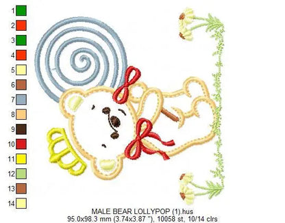 Bear embroidery designs - Teddy embroidery design machine embroidery pattern - Bear with lollipop embroidery - Bear applique design baby Marcia Embroidery