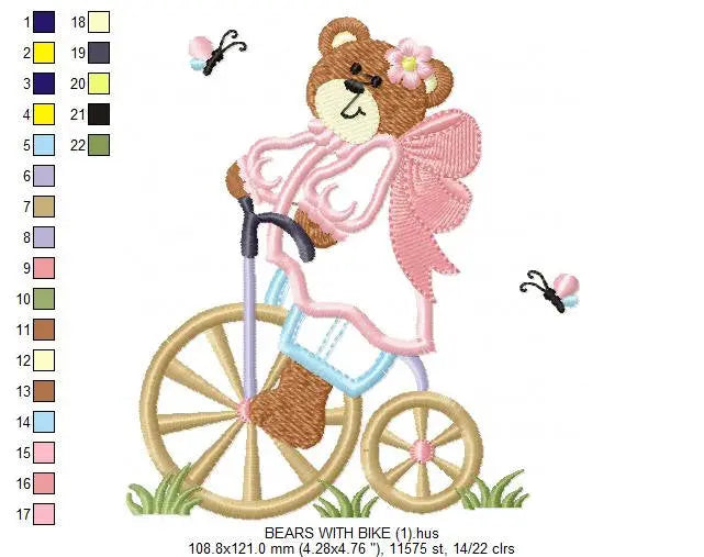 Bear embroidery designs - Teddy embroidery design machine embroidery pattern - Angel bear in a bike embroidery - Bear applique design baby Marcia Embroidery