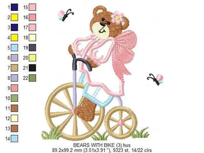 Bear embroidery designs - Teddy embroidery design machine embroidery pattern - Angel bear in a bike embroidery - Bear applique design baby Marcia Embroidery