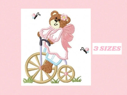 Bear embroidery designs - Teddy embroidery design machine embroidery pattern - Angel bear in a bike embroidery - Bear applique design baby Marcia Embroidery