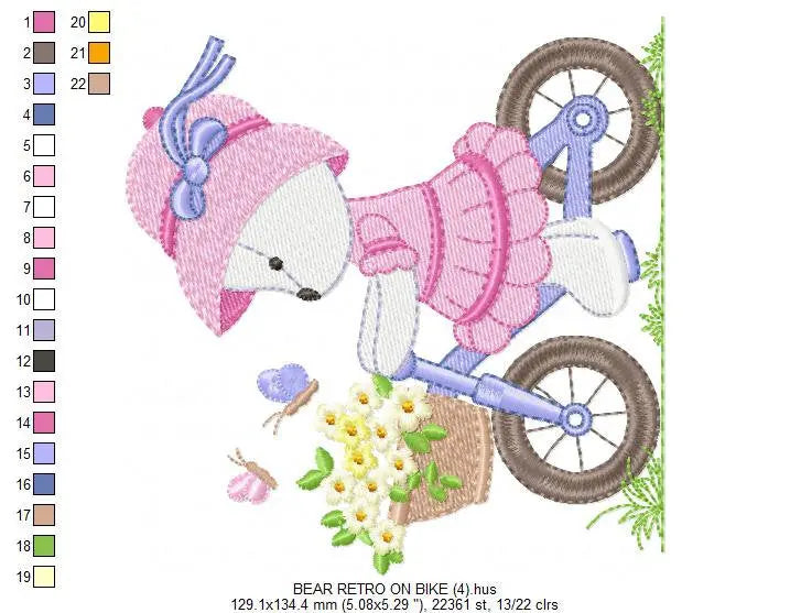 Bear embroidery designs - Baby girl embroidery design machine embroidery pattern - female bear in a bike embroidery file - full fill stitch Marcia Embroidery