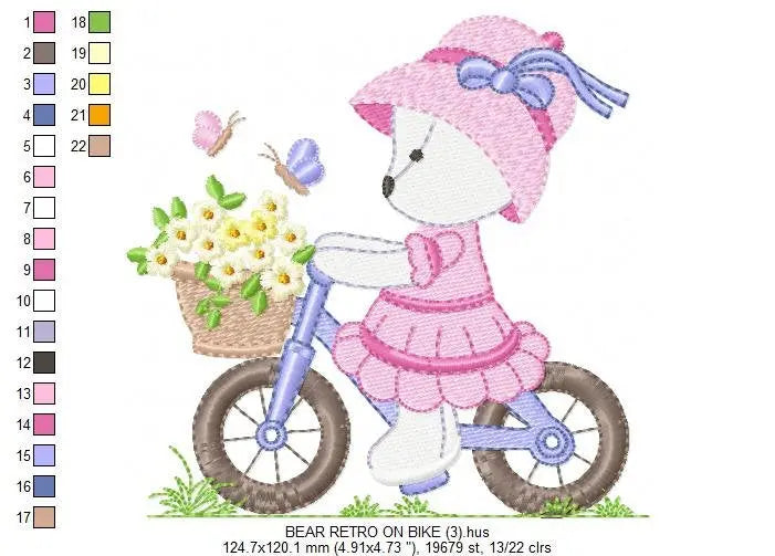 Bear embroidery designs - Baby girl embroidery design machine embroidery pattern - female bear in a bike embroidery file - full fill stitch Marcia Embroidery