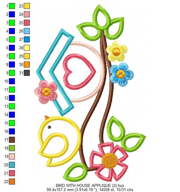 Birdhouse with flowers embroidery designs - Tree Bird applique embroidery machine pattern - Kitchen towel - Instant download pes jef dst vp3