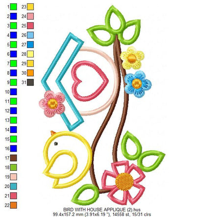 Birdhouse with flowers embroidery designs - Tree Bird applique embroidery machine pattern - Kitchen towel - Instant download pes jef dst vp3
