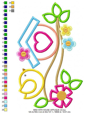 Birdhouse with flowers embroidery designs - Tree Bird applique embroidery machine pattern - Kitchen towel - Instant download pes jef dst vp3