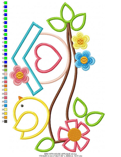Birdhouse with flowers embroidery designs - Tree Bird applique embroidery machine pattern - Kitchen towel - Instant download pes jef dst vp3