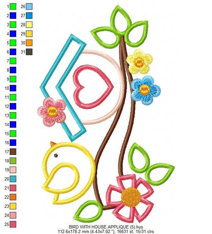 Birdhouse with flowers embroidery designs - Tree Bird applique embroidery machine pattern - Kitchen towel - Instant download pes jef dst vp3
