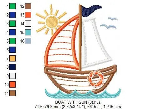 Sailboat embroidery designs - nautical embroidery design machine embroidery pattern - Boat applique design - boy kid embroidery baby layette Marcia Embroidery