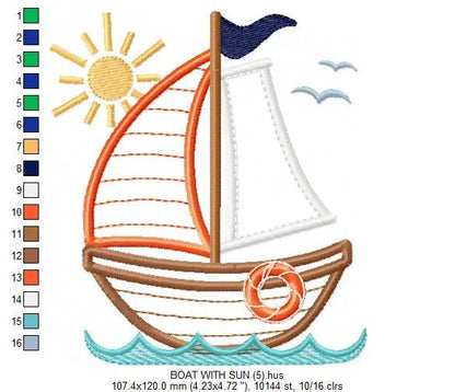 Sailboat embroidery designs - nautical embroidery design machine embroidery pattern - Boat applique design - boy kid embroidery baby layette Marcia Embroidery