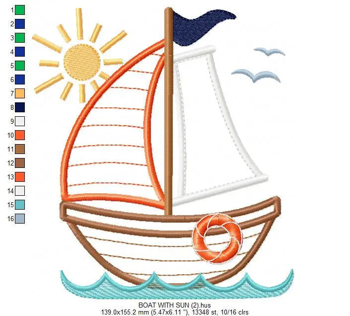 Sailboat embroidery designs - nautical embroidery design machine embroidery pattern - Boat applique design - boy kid embroidery baby layette Marcia Embroidery