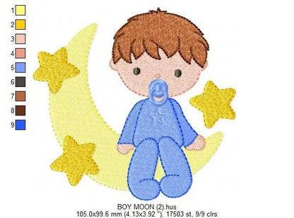 Sleeping boy embroidery design - Half moon with stars machine embroidery pattern - Baby boy file - Instant digital download pes jef dst hus Marcia Embroidery