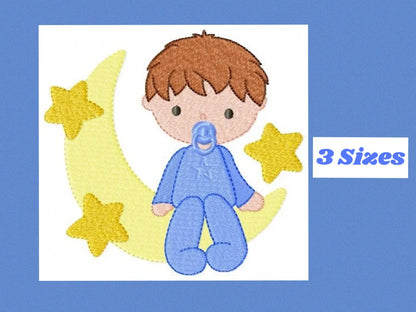 Sleeping boy embroidery design - Half moon with stars machine embroidery pattern - Baby boy file - Instant digital download pes jef dst hus Marcia Embroidery