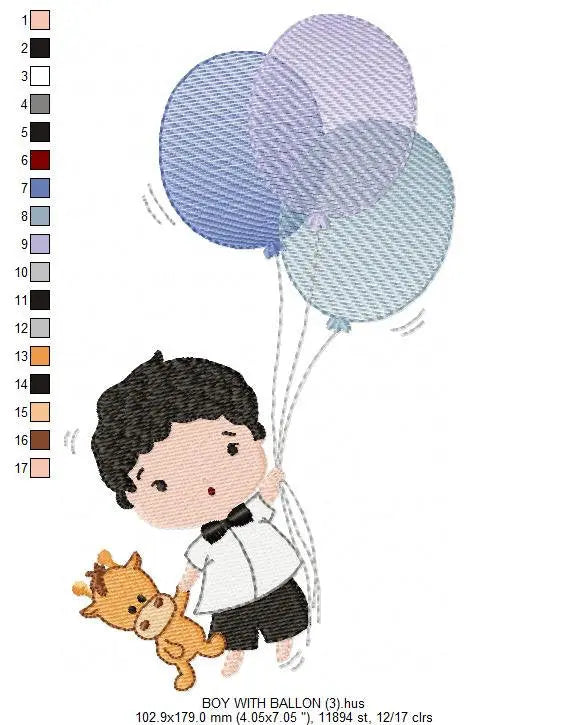 Balloon embroidery designs - Boy with balloons embroidery design machine embroidery pattern - Baby boy embroidery file filled design pes jef Marcia Embroidery