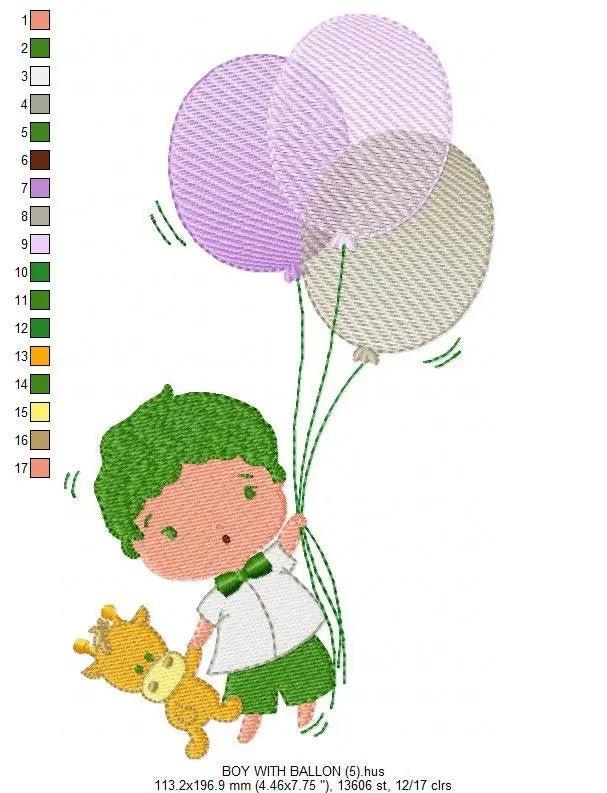 Balloon embroidery designs - Boy with balloons embroidery design machine embroidery pattern - Baby boy embroidery file filled design pes jef Marcia Embroidery