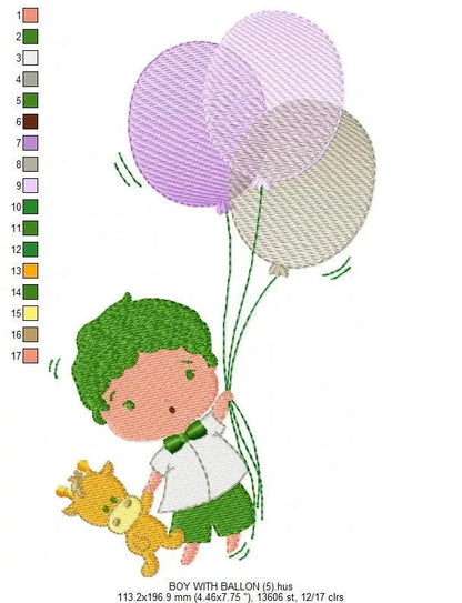 Balloon embroidery designs - Boy with balloons embroidery design machine embroidery pattern - Baby boy embroidery file filled design pes jef Marcia Embroidery