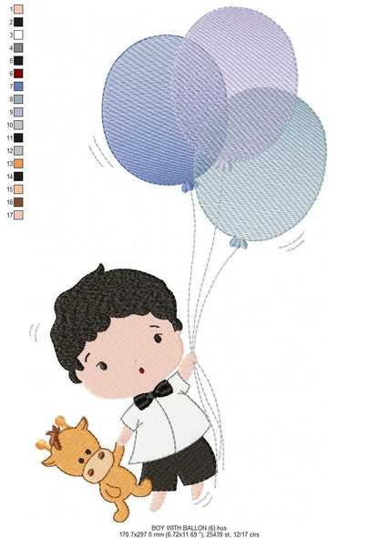 Balloon embroidery designs - Boy with balloons embroidery design machine embroidery pattern - Baby boy embroidery file filled design pes jef Marcia Embroidery