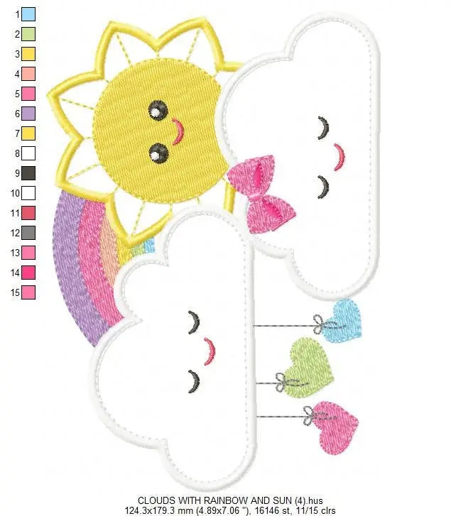 Sun with Clouds embroidery design - Rainbow applique machine embroidery pattern - Baby girl file - Instant digital download pes jef dst hus Marcia Embroidery