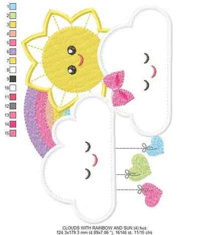 Sun with Clouds embroidery design - Rainbow applique machine embroidery pattern - Baby girl file - Instant digital download pes jef dst hus Marcia Embroidery
