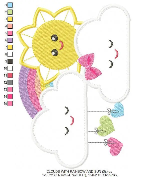 Sun with Clouds embroidery design - Rainbow applique machine embroidery pattern - Baby girl file - Instant digital download pes jef dst hus Marcia Embroidery