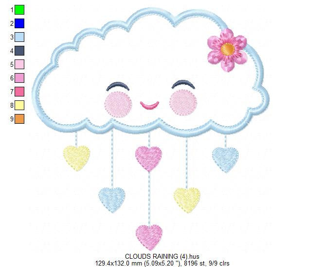 Cloud embroidery design - Rain of hearts machine embroidery pattern - Baby girl cloud applique with flower file - Instant download pes jef