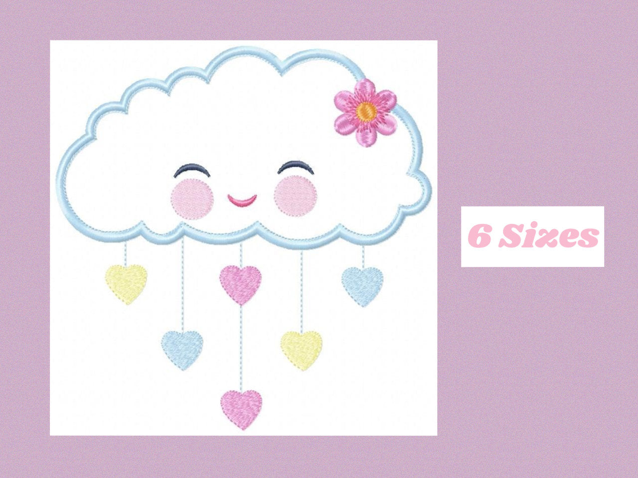 Cloud embroidery design - Rain of hearts machine embroidery pattern - Baby girl cloud applique with flower file - Instant download pes jef