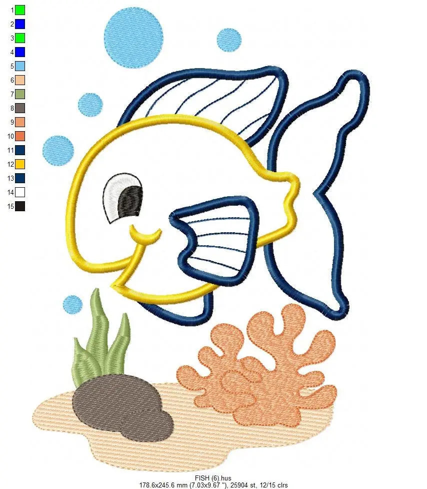 Golden fish embroidery designs - aquarium embroidery design machine embroidery pattern - children embroidery file - fishbowl applique design Marcia Embroidery