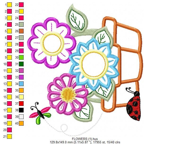 Flower Pots embroidery designs - Floral Vases embroidery design machine embroidery pattern - Garden Ladybug Butterfly - Instant download pes