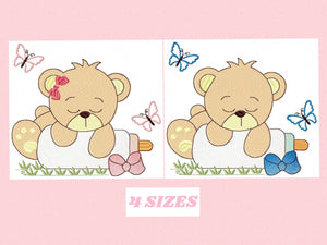 Baby Bear with bottle embroidery designs - Sleeping Teddy embroidery design machine embroidery pattern - Boy and girl - Instant download pes